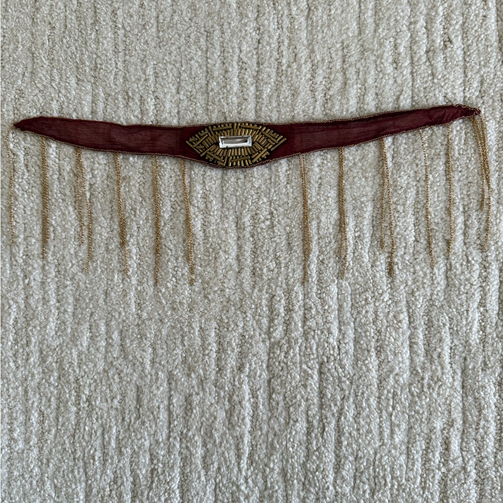 Women's Bracelet . Wine chiffon like fabric with gold chains and some gold beads